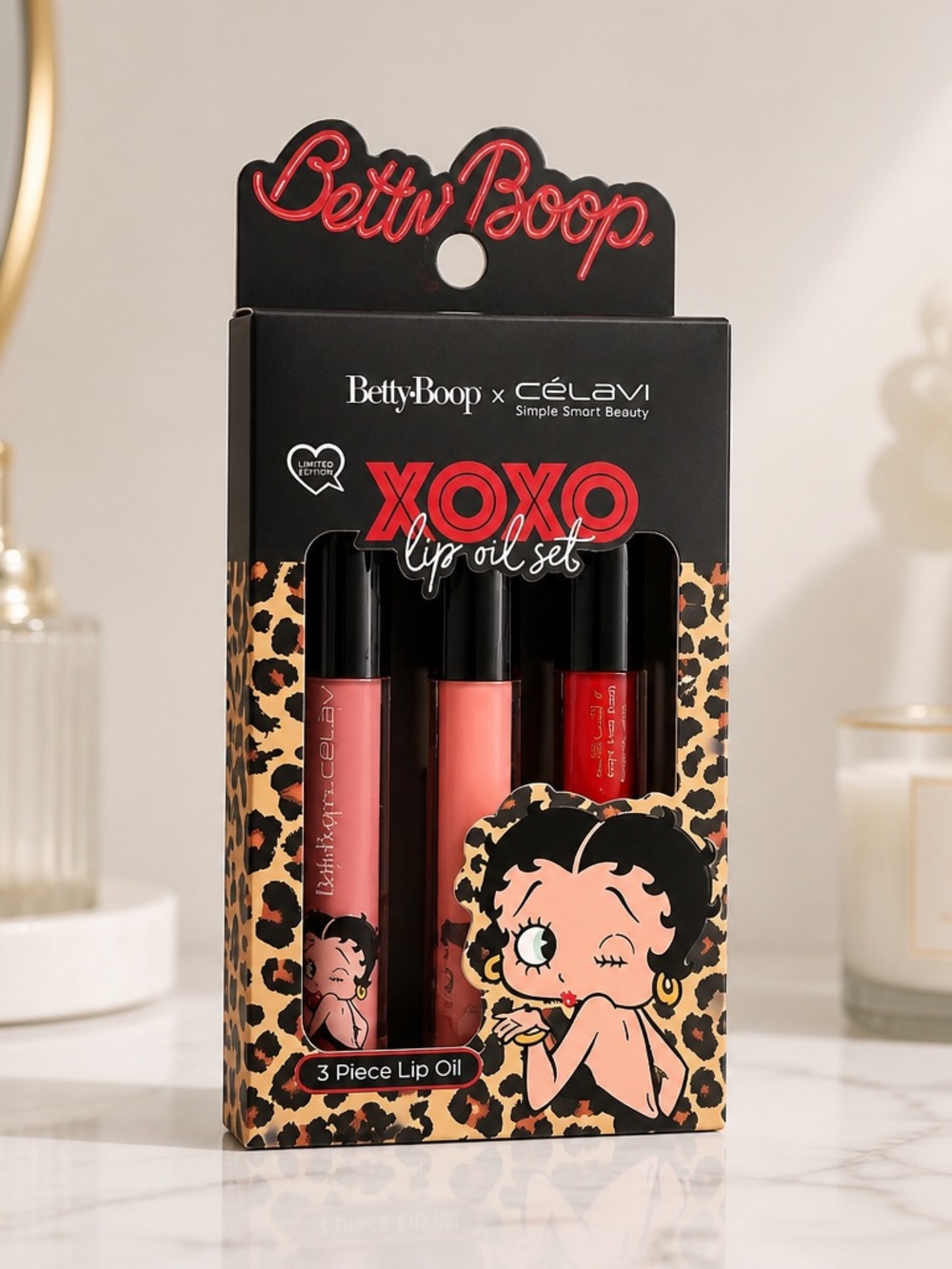 Betty Boop XOXO Lip Oil Set 3 Piece Pink Coral Red Collection